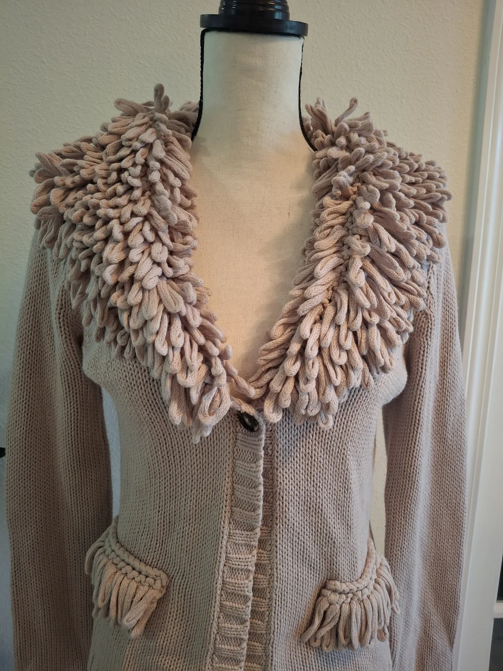 Vintage Y2K Tan Loop Trim Knit Cardigan Sweater